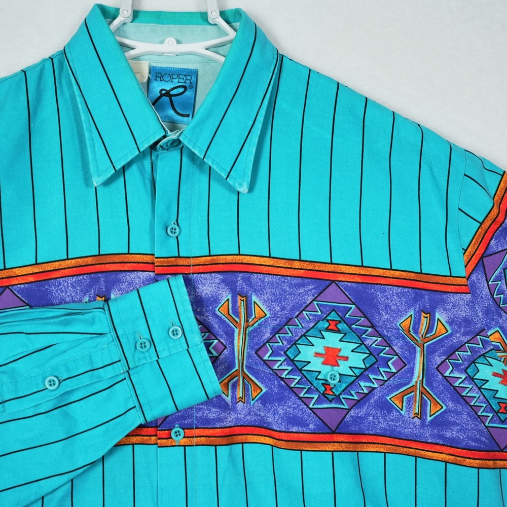 Roper Vintage 90s Western Shirt Mens Large Turquoise Aztec Geometric Made in USA